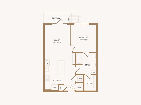Floor plan for 1 bed, 1 bath, 728 sqft